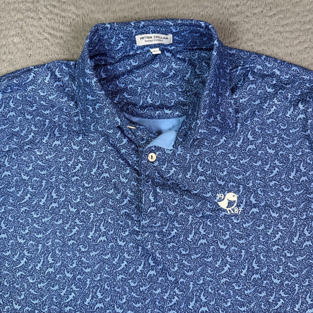 Peter Millar Summer Comfort Hammer Time Golf Polo Shirt Mens L Blue Shark